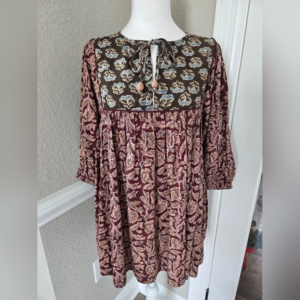 NATURAL LIFE Stella Mini Dress Maroon Floral Vines Purple Wine Sz Small - Picture 3 of 14